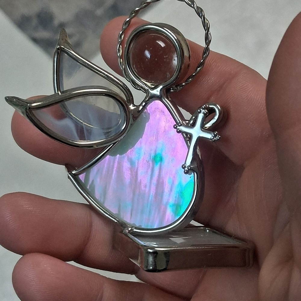 VTG Signed Stained Glass Angel Christmas Figurine 2000 Iridescent Halo Cross Art